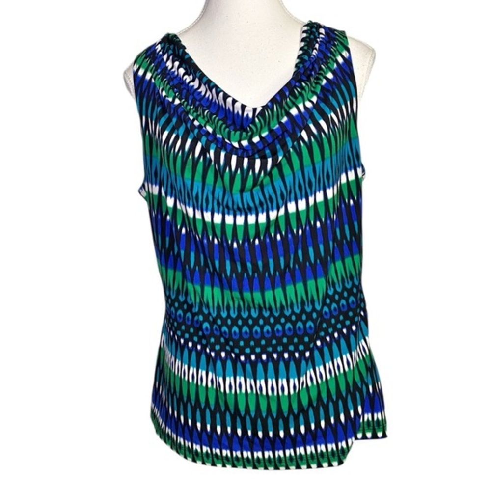Calvin Klein Sleeveless Cowl Neck Top| Bold Geometric Abstract Print Blue Green